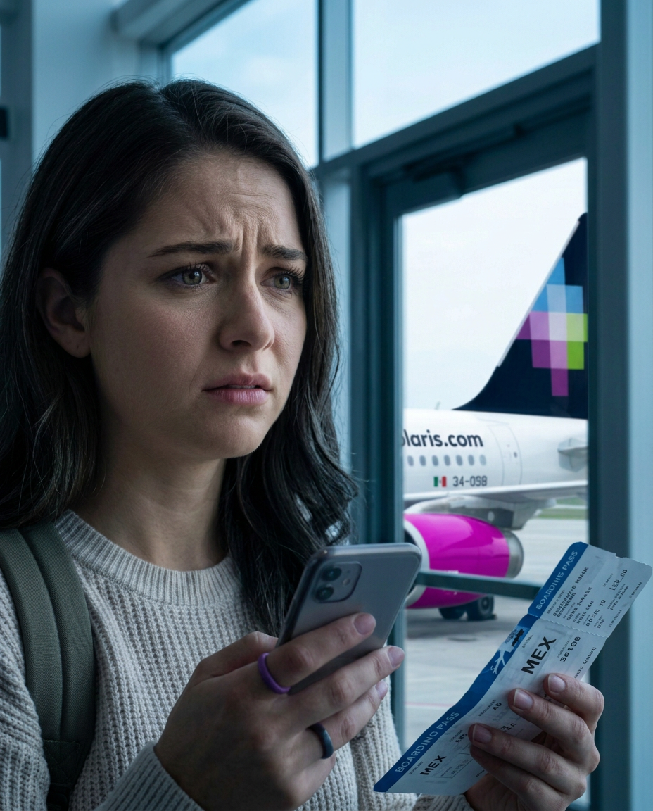 Worried traveler at an airport gate with a Volaris jet outside the window